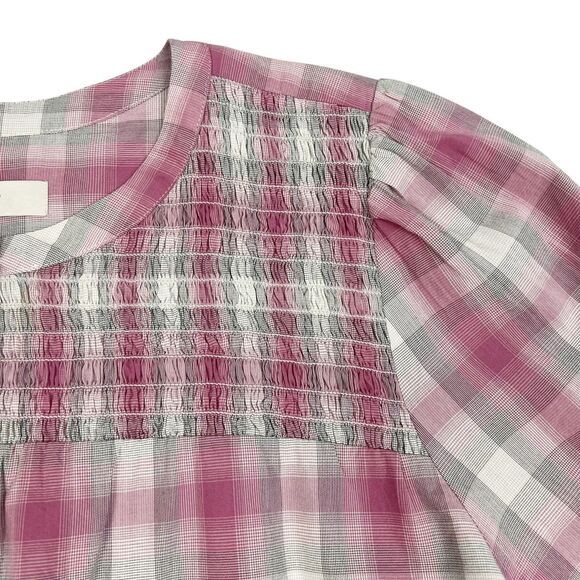 NEW Loft Pink Gray Plaid Smocked Button Front Long Sleeve Top Women’s XL - Picture 4 of 9